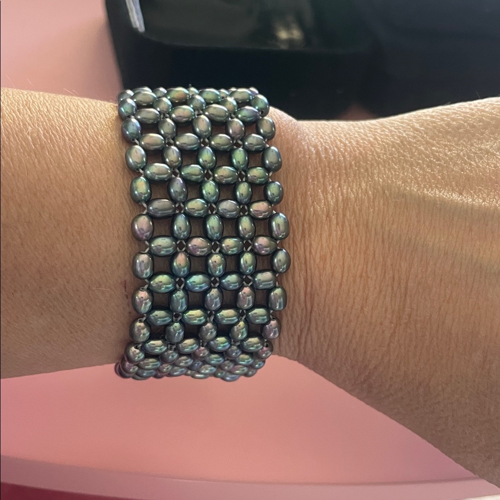 Honora gray black goth peacock cultured pearl wide flexible bracelet QVC